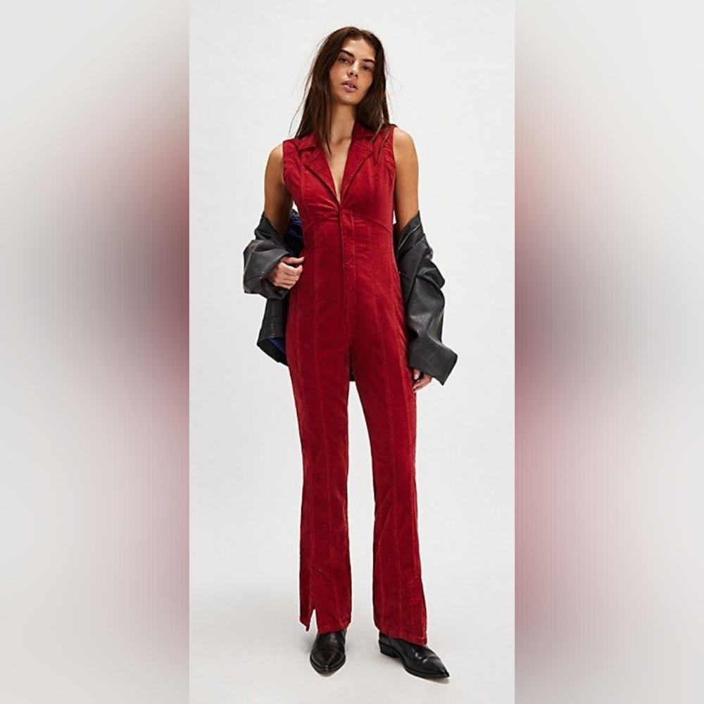 Free People CRVY Ring The Alarm Corduory One Piece Jumpsuit In Red